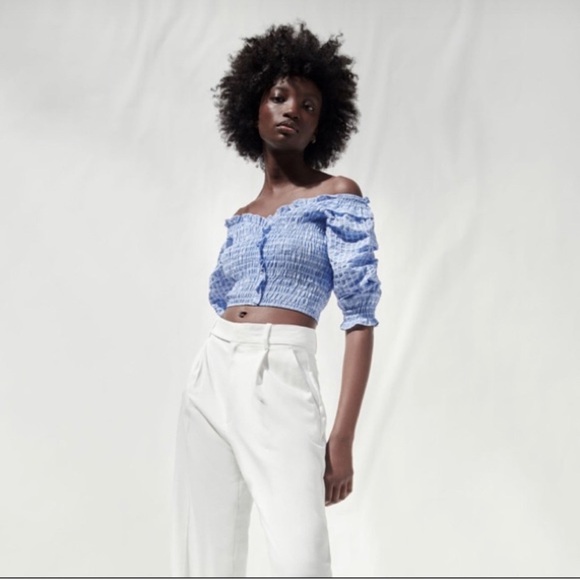 Zara Gingham off the shoulder gingham Blouse small - Picture 1 of 7